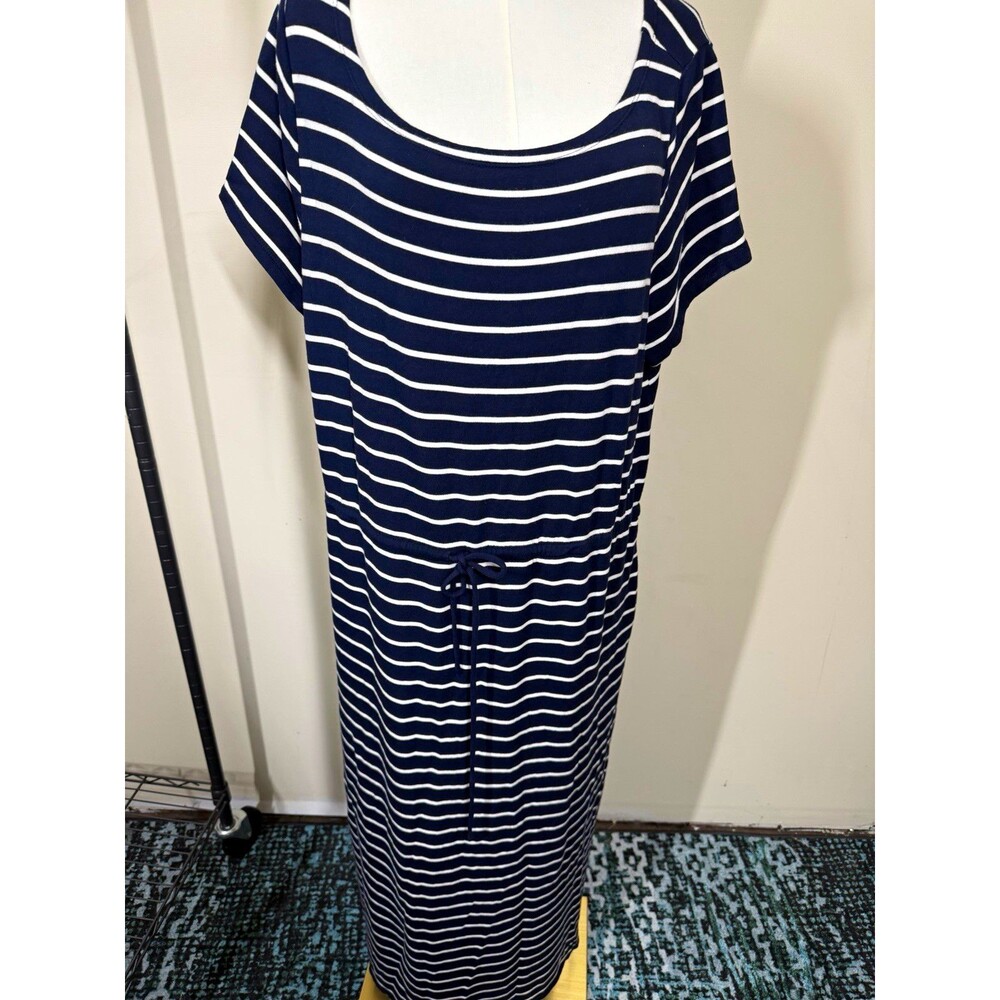 Talbots Womens Maxi Dress 2X Blue White Stripe Drawstring Knit Cotton 522